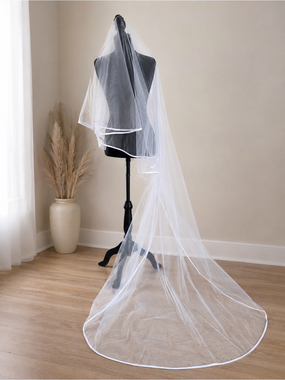 Classic Long White Bridal Veil with Edge Trim